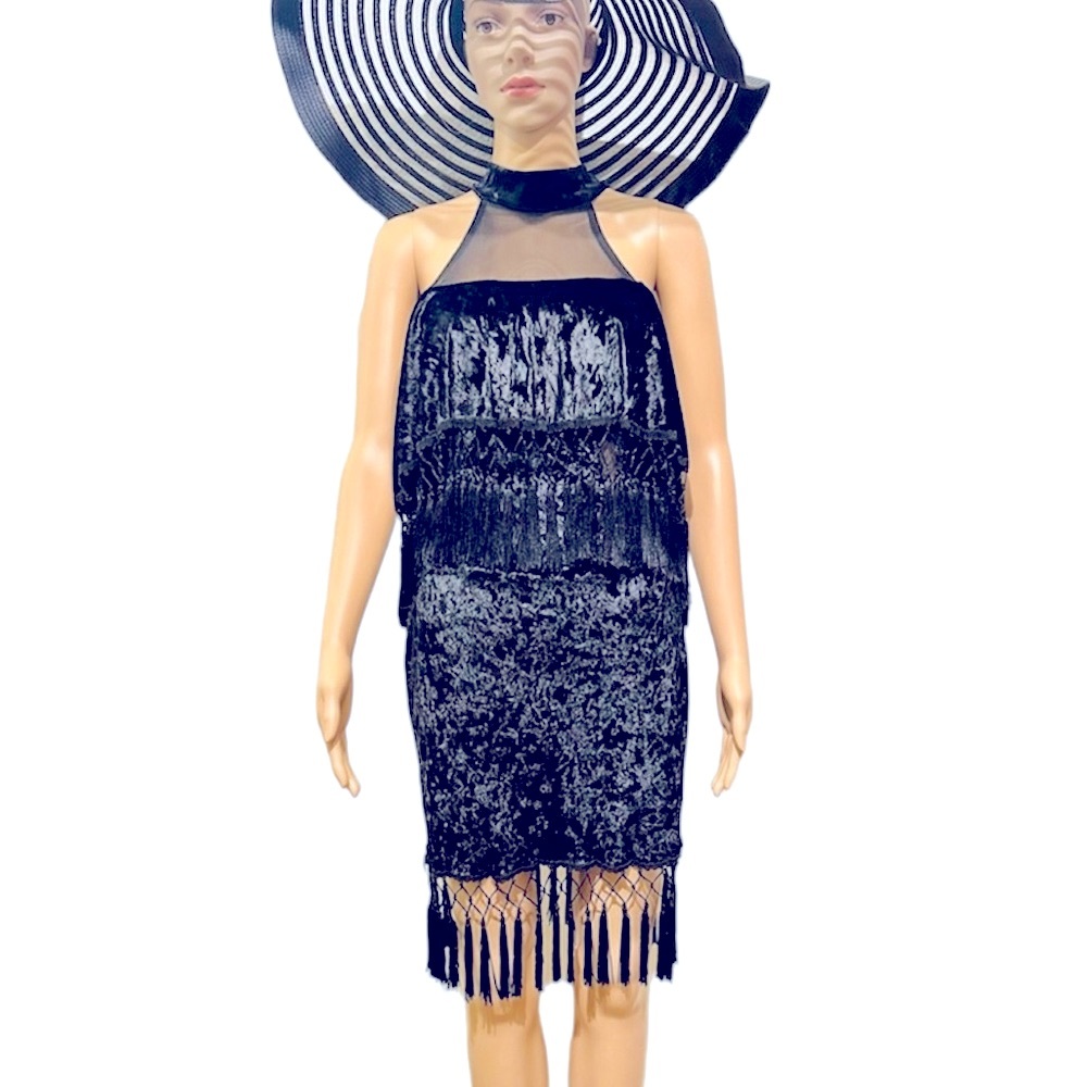 NEW Velvet Mesh Halter Neck Sleeveless Fringe Black Dress Size L